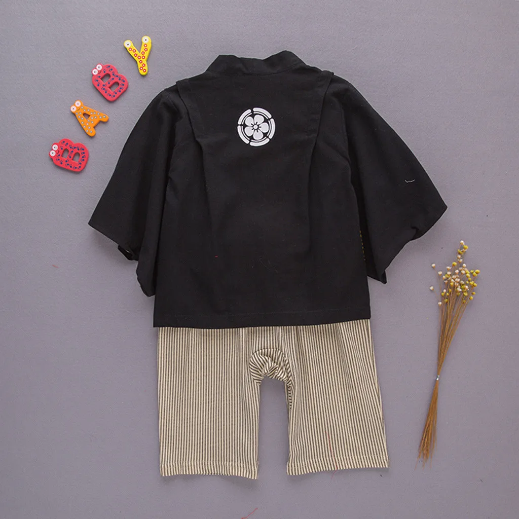 LONSANT Baby Clothes Boys Striped Kimono Tops+Romper Outfits Set Infant Cotton Belt long sleeve Japanese clothes |