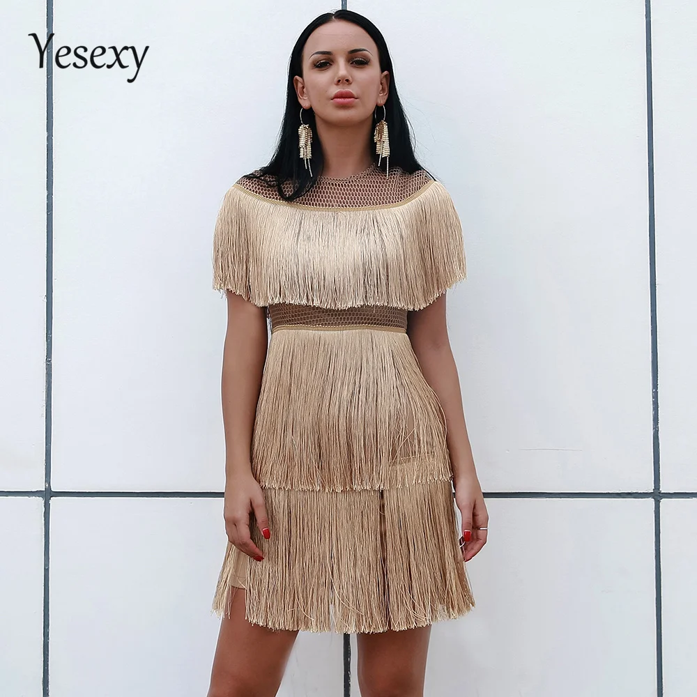 Yesexy женское сексуальное платье с круглым вырезом и коротким рукавом, женское элегантное облегающее платье с кисточками Vestdios VR9341-1