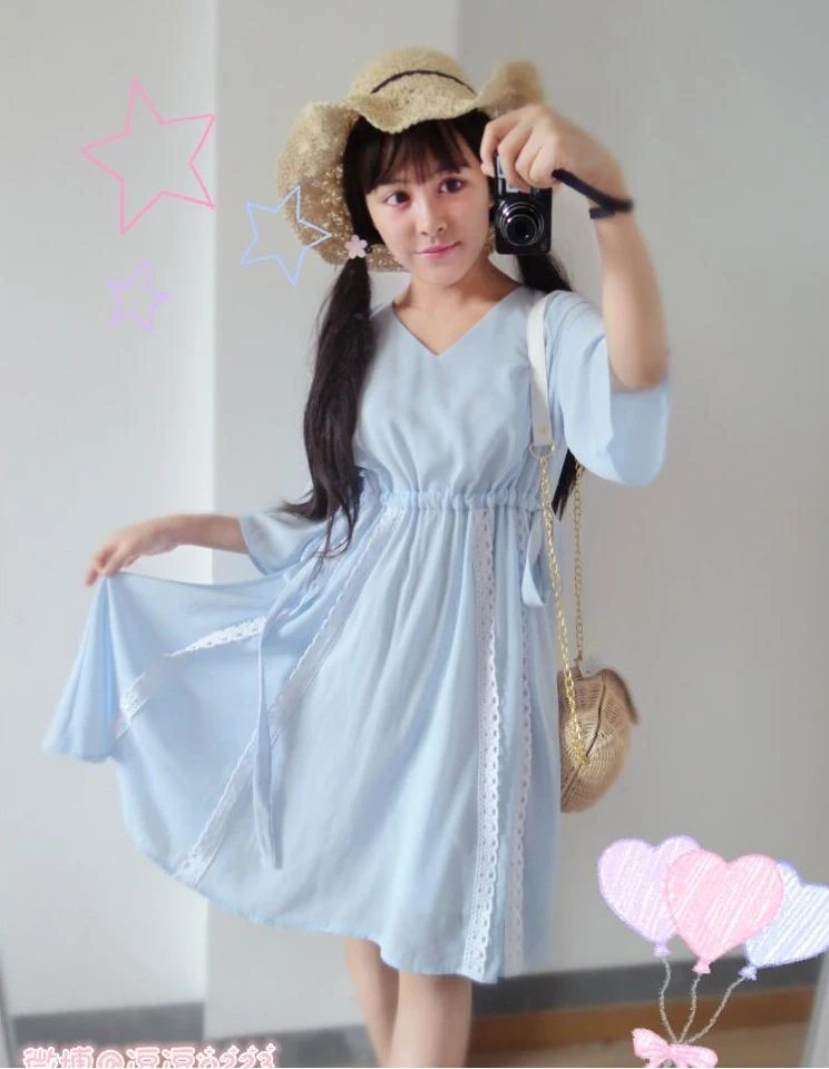 Винтажное кружевное платье в китайском стиле Hanfu Mori Girl летнее с коротким рукавом