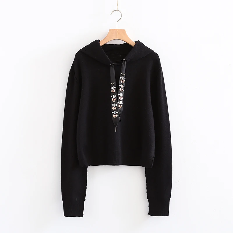 

2017 Womens Hoodie Sweatshirts Hooded Long Sleeve Beading Black Pullovers Women Female Casual Sweat Femme Autumn