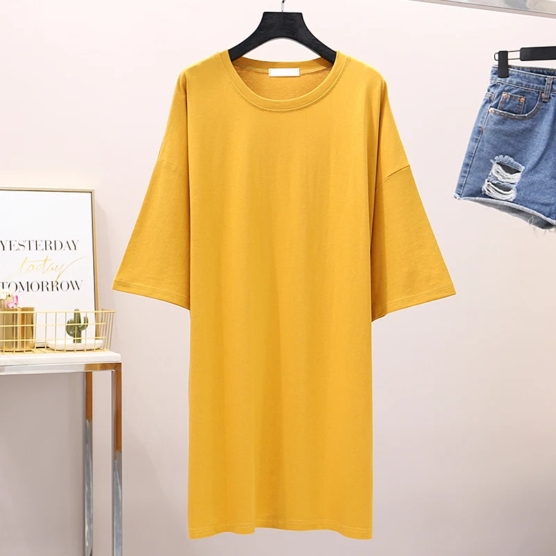 Новая модная длинная футболка женская летняя Однотонная с коротким рукавом и