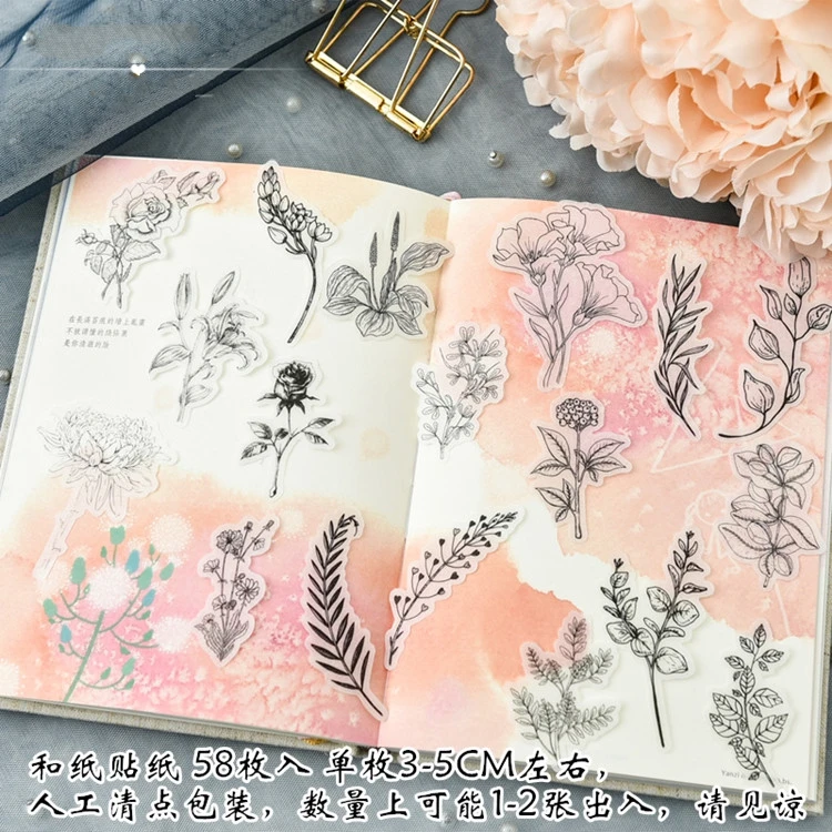 58 шт./компл. винтажная черно белая бумага с ручным рисунком и цветами для