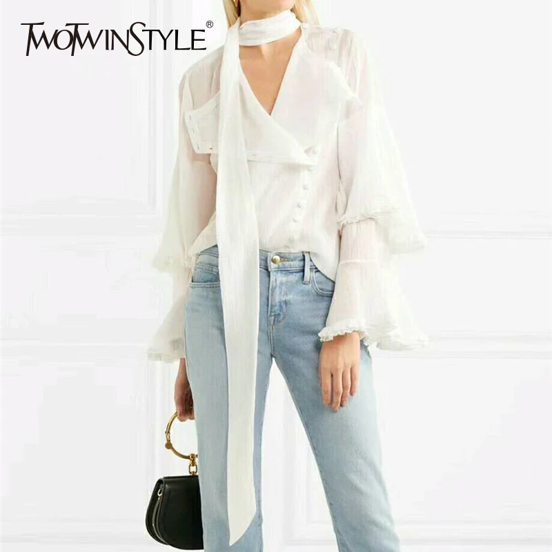TWOTWINSTYLE шифоновая блузка для женщин с лентами на шнуровке v образным вырезом и