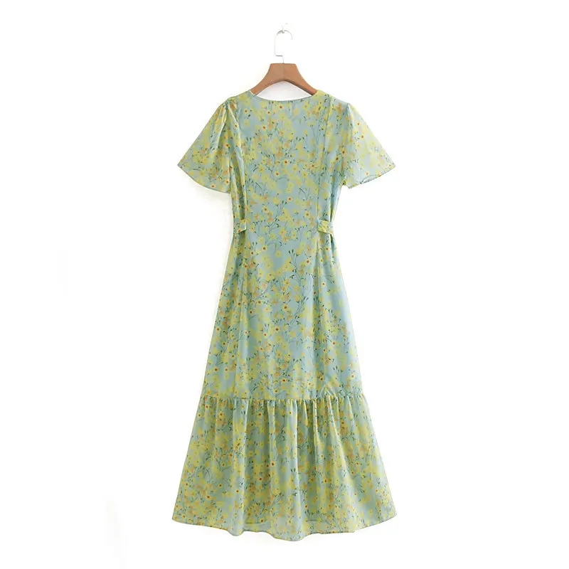 2019 женское платье миди с v образным вырезом цветочным принтом и пуговицами