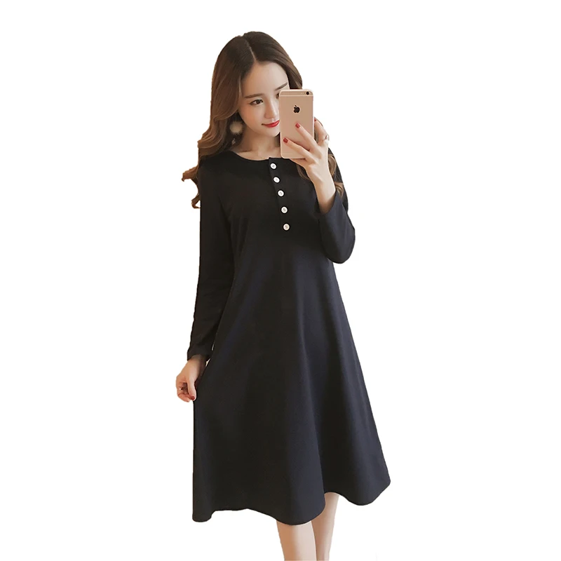 6601# 2018 Autumn Maternity Long Dress Sleeve Ties Waist Cotton Clothes for Pregnant Women Loose Pregnancy Nursing Wear | Мать и ребенок