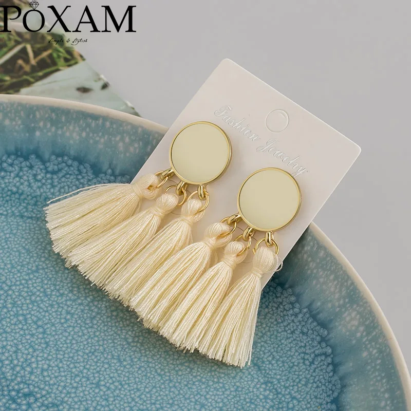 White Модные сережки с кисточками Boho для женщин, массивные винтажные этнические ручные серьги из хлопчатобумажной ткани с бахромой, женские свадебные украшения - Окраска металла: White