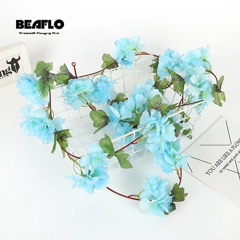 Cherry Blue 2,4 м шелка искусственные розы цветы ротанга строку лоза с зелеными листьями для дома Свадебные украшения сада подвесные гирлянды стены - Цвет: Cherry Blue