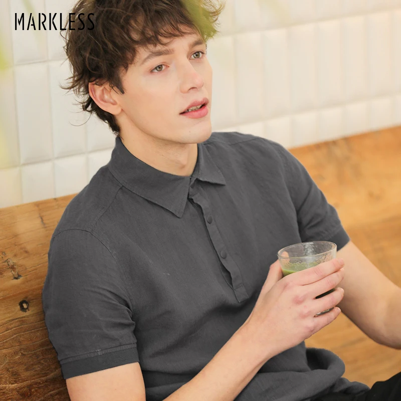 Мужская льняная рубашка поло с коротким рукавом Повседневная однотонная Удобная
