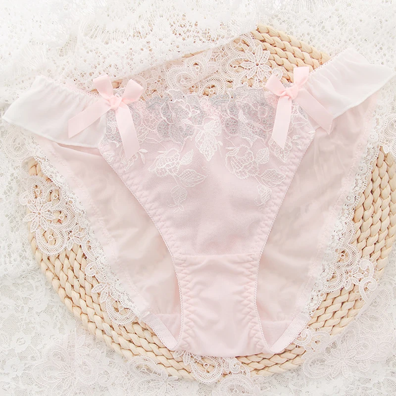 Трусы женское нижнее белье из молочного шелка свежие кружевные стринги с бантом