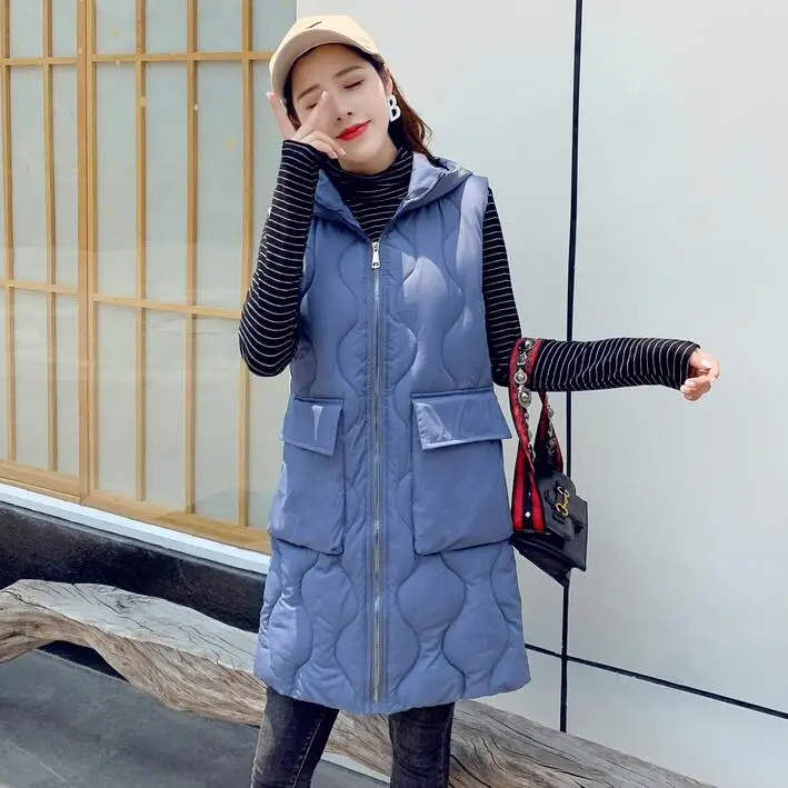 Women Hooded Long Vest Jacket Gilet Sleeveless Waistcoat Women's Outerwear with Hood - Цвет: Синий