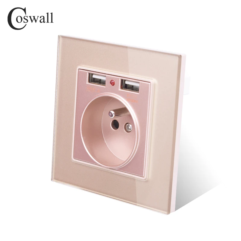 Coswall стеклянная панель с двойным usb портом для зарядки 2.1A 16A французская розетка