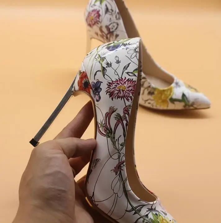 

Hot Selling Flower Print Leather Pumps Women Shoes Pointed Toe Metal Blade Heels High Heels Pumps 10CM Colorful Slip-on Pumps
