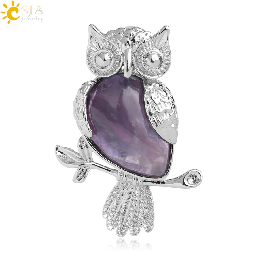 Amethyst CSJA животное сова кулон в форме капли воды в форме натуральный камень кварц кристалл серебряный цвет кулон для ожерелья для женщин мужчин ювелирные изделия G076 - Окраска металла: Amethyst