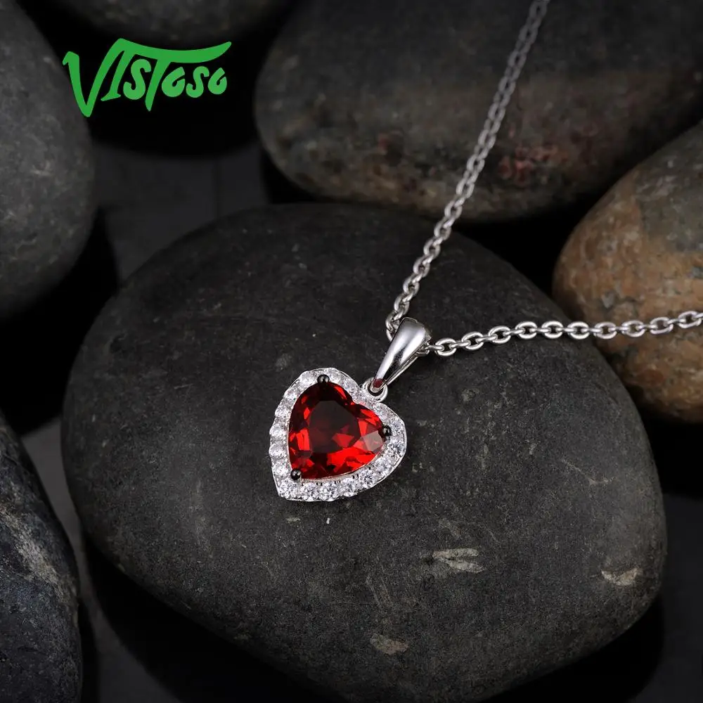 VISTOSO Серебряное сердце Подвеска для женщин ювелирные изделия Красный Кристалл
