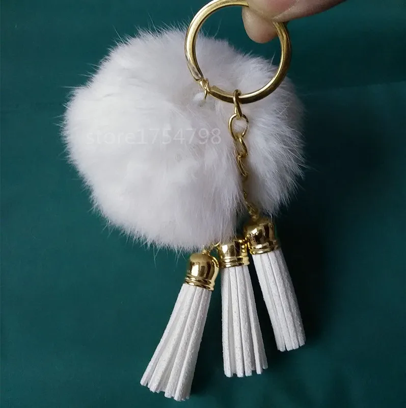 Красочные 3 кисточками 8 см меховой помпон автомобильный брелок для ключей с