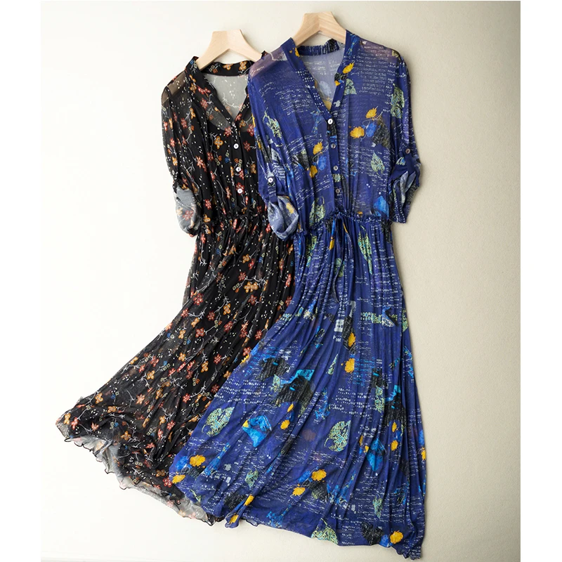 100% Silk Dress Single Layer Mesh Knitted Semi Cardigan V Collar Large one-piece dress | Женская одежда