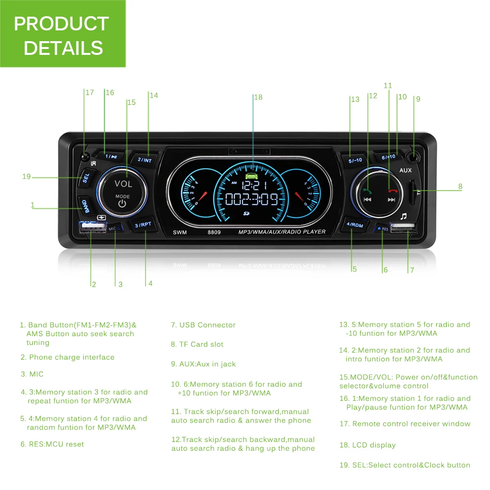 Onever Bluetooth автомобильный mp3-плеер 1-Din автомобильный стерео аудиомодулятор ЖК-дисплей Поддержка громкой связи звонки с пультом дистанционного управления