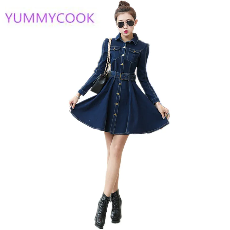 YUMMYCOOK осеннее Новое Женское облегающее джинсовое платье в Корейском стиле с