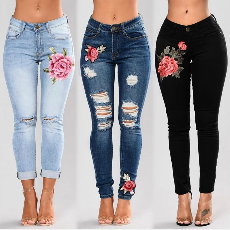 

Female Slim Denim Pants Stretch Embroidered Jeans For Women Elastic Flower Jeans Hole Ripped Rose Pattern Jeans