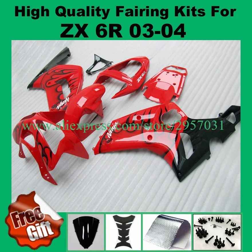 Free screws+gifts Injection mold Fairing kit for KAWASAKI Ninja ZX6R 636 03 04 ZX 6R 2003 2004 Red Flames Fairings set |
