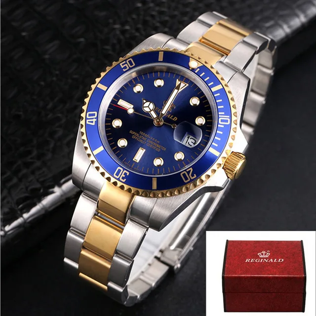 blue gold box Реджинальд часы для мужчин вращающийся ободок GMT сапфировое стекло 50 м воды полный сталь Спорт Мода синий циферблат Кварцевые часы Reloj Hombre - Цвет: blue gold box