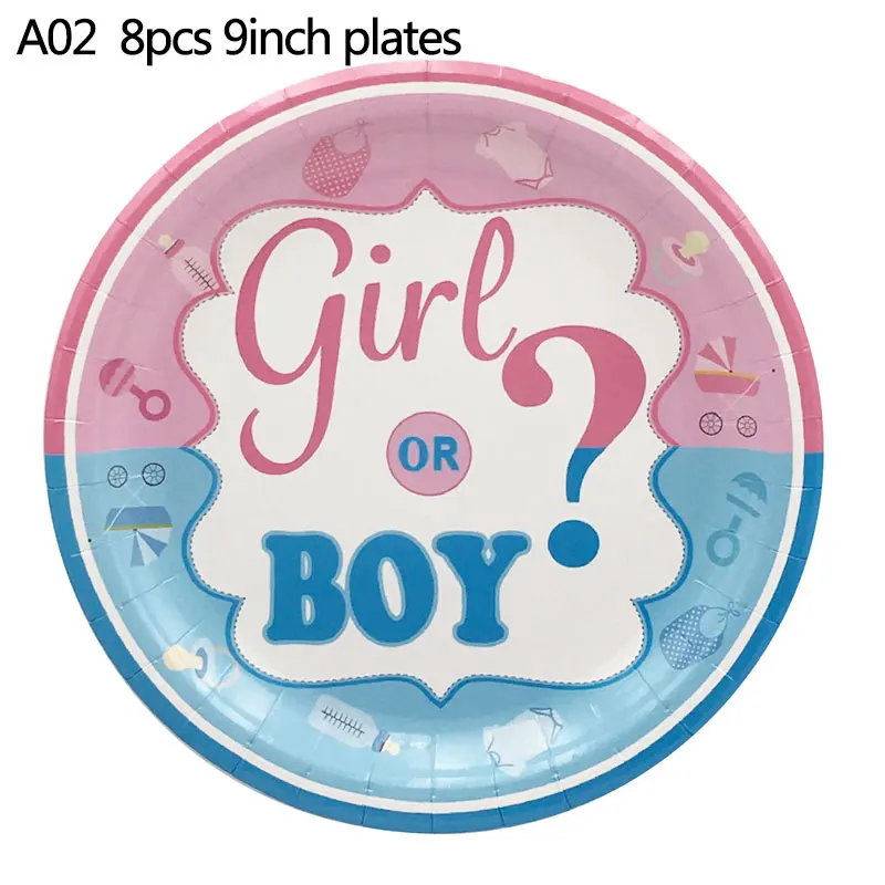 A02 8PCS 9inch plate Пол Reveal одноразовые столовые приборы для вечеринки для девочек или мальчиков Салфетка под тарелку кружку скатерть нож вилка ложка вечерние принадлежности набор - Цвет: A02 8PCS 9inch plate
