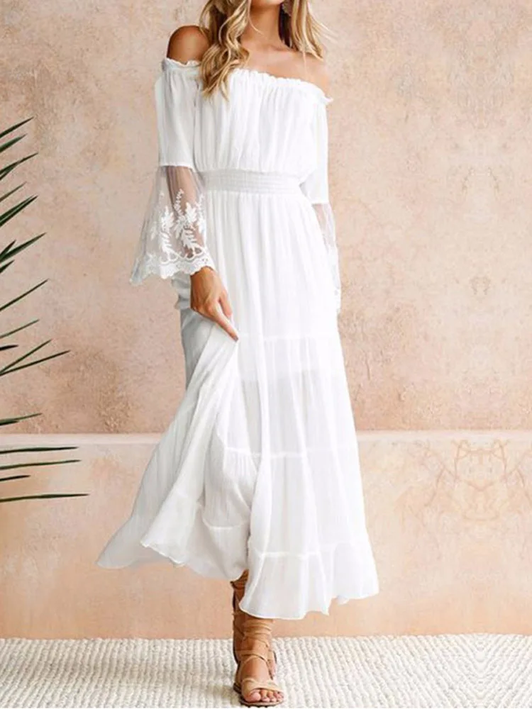 

2019 Summer Sundress Women White Beach Long Dress Sexy Strapless Off Shoulder flare Sleeve Loose Cotton Lace Boho Maxi Dress