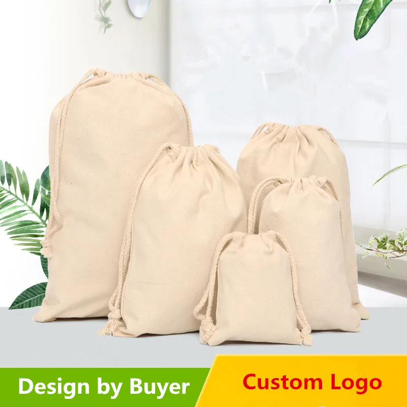 Natural Canvas Custom Bundle Pocket Design Drawstring Bag Multi-size pack Birthday Wedding Party Candy Sack Jewelry Gift Pouch