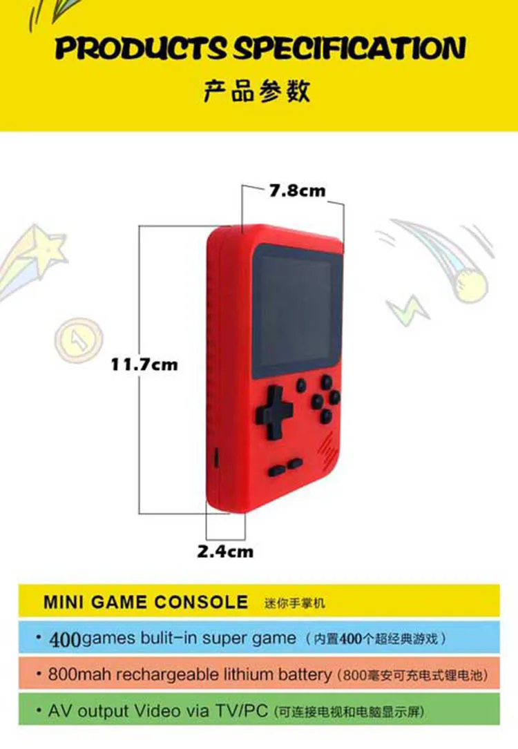 Мини Портативный 8-битный портативная игровая консоль с 400 игр, 800 мА/ч, многоразовых перезаряжающихся батарей, обеспечивает 2,8 дюймов ЖК-дисплей экран, AV out