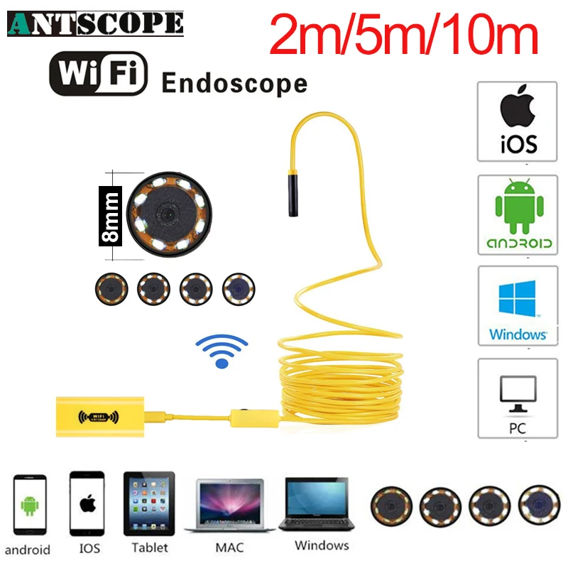 Antscope Wi-Fi 8 мм эндоскопа 2/5/10 M желтый проводных 1200 P Android iOS Otoscopio 7 USB Softwire Камера