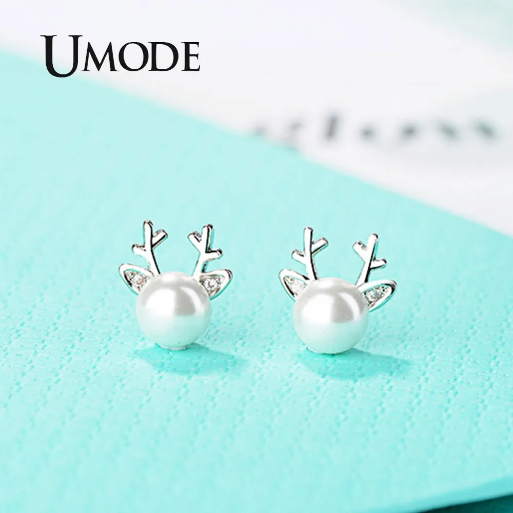 UMODE новая мода белый жемчуг оленьи рога серьги-гвоздики для женщин золотой ушные