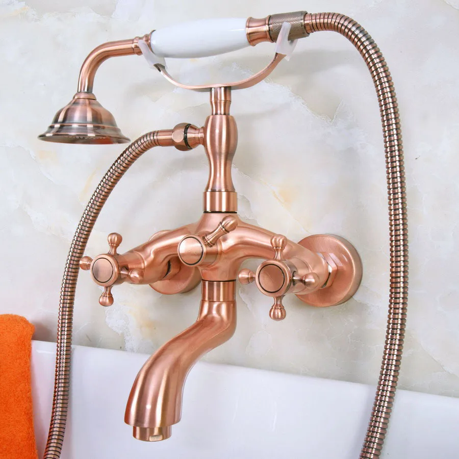 

Antique Red Copper Brass Wall Mounted Bathroom Clawfoot Tub Faucet Mixer Tap Telephone Shower Head Dual Cross Handles ana321