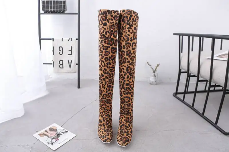 SIMLOVEYO Winter Autumn Winter Stretch Thigh high boots Leapord Strange heel Suede leather Round toe Slip on Shoes women Size 44