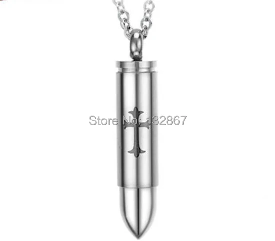 Silver Из Нержавеющей Стали Пуля Кулон Ожерелье w Лазерной Гравировкой Черный Крест