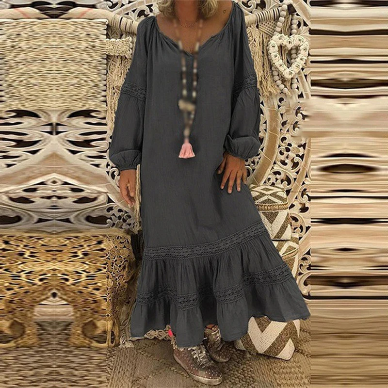 Летнее длинное женское повседневное свободное платье с круглым вырезом и