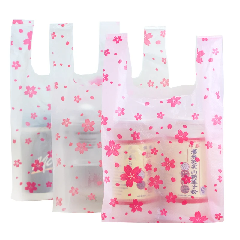 Zilue 100pcs/lot 18x35cm/22x42cm 3 colors Supermarket Shopping plastic Bag with handle printing Cherry blossom bags | Дом и сад