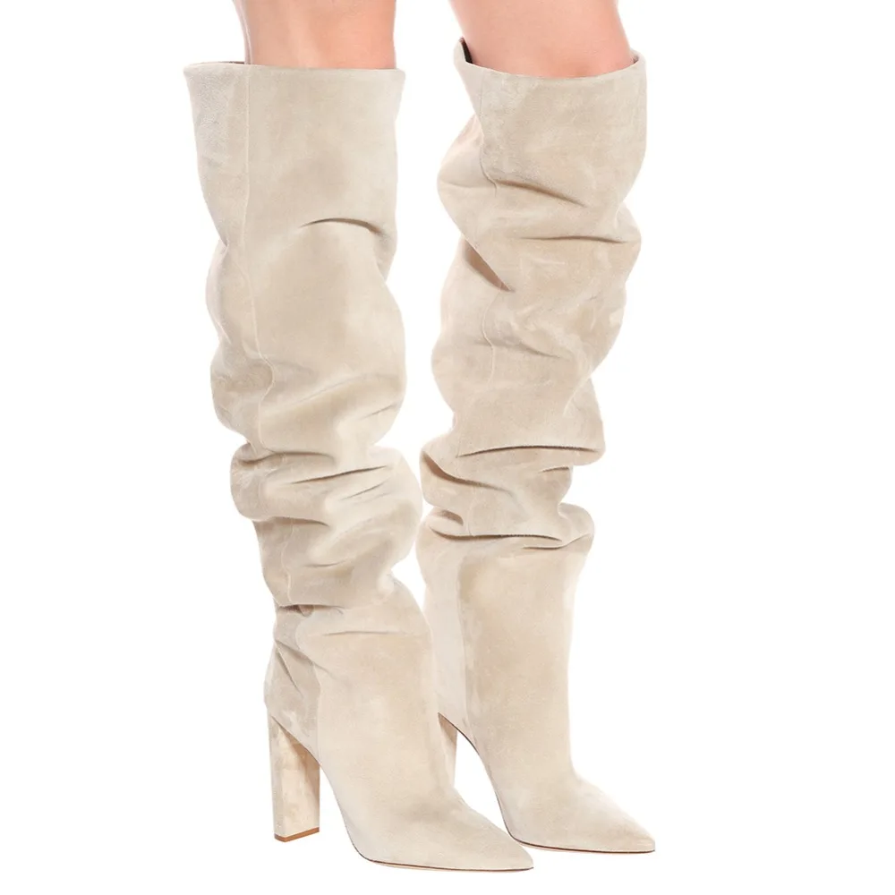 

Fashion simple beige suede upper high-top casual boots pointed thick square heel shoes casual boots ladies winter high heels