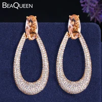 beaqueen big oval champagne crystal paved cubic zirconia long hollow geometry round dangle drop earrings wedding jewelry e304