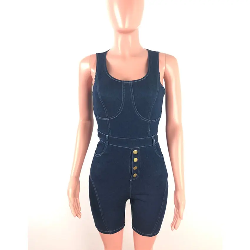 Wjustforu Summer Denim Jumpsuit For Women Turn Down Collar Buttons Up Short Playsuit Casual Pockets Hollow Out Party | Женская одежда