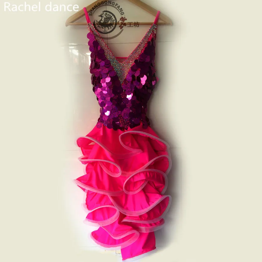 Костюмы для латинских танцев с бахромой расшитые блестками девочек v образным