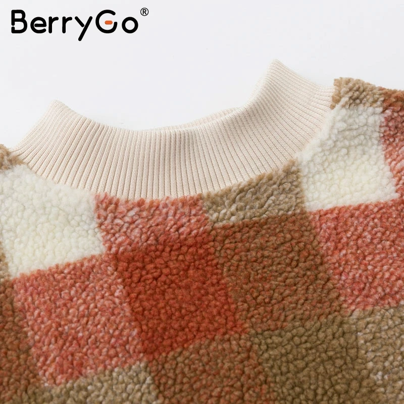 BerryGo повседневные женские толстовки из овечьей шерсти в клетку, свитшоты, пуловер с круглым вырезом, свободный женский свитер, осенне-зимнее женское теплое пальто