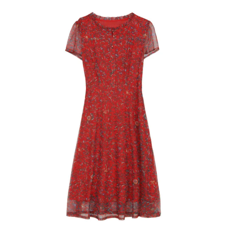 Women Summer Vintage Dress Elegant Floral Printed A-line Mom's Large size Female Chiffon Slim fit Short sleeve Dresses | Женская