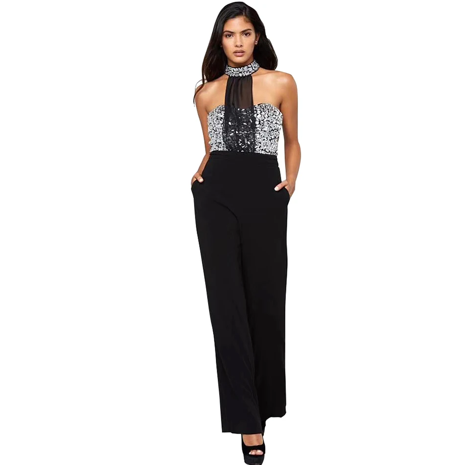 Crystal Halter Tassel Elegant Womens Rompers Jumpsuit Backless Diamonds One Piece Maxi Black Bodysuit Sexy Overalls | Женская одежда