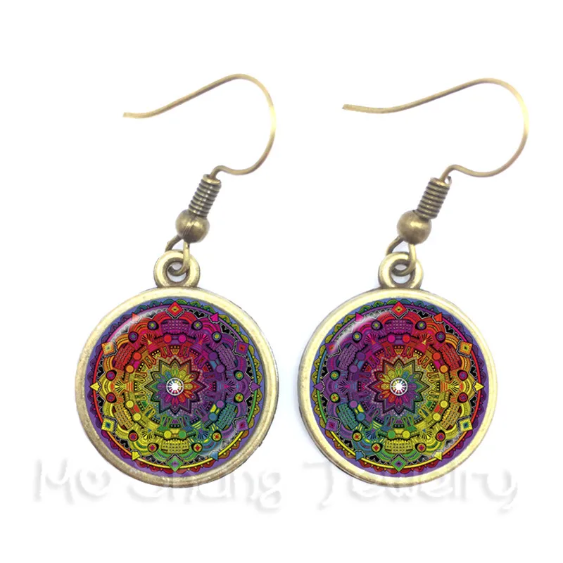 Mandala Drop Earrings Beautiful Flowers Glass Cabochon For Women Charm Jewelry Creative Gift | Украшения и аксессуары