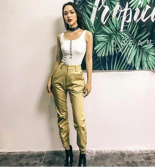 

Women high waist Cotton Elastic Feet Cargo Pants ankle-length pants