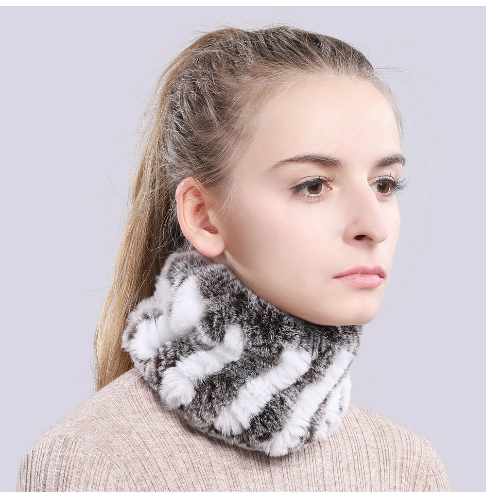 Women Real Fur Handmade Stretch Fur Scarf Knit Genuine Rex Rabbit Fur Headbands Girls Natural Fur Ring Cowl Snood Scarves Winter