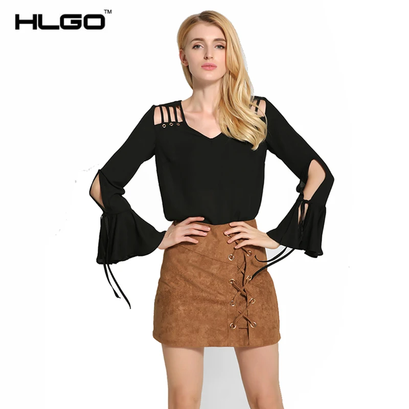 2017 Весенняя мода элегантный v-образным вырезом блузка рубашка сплошной цвет Flare с