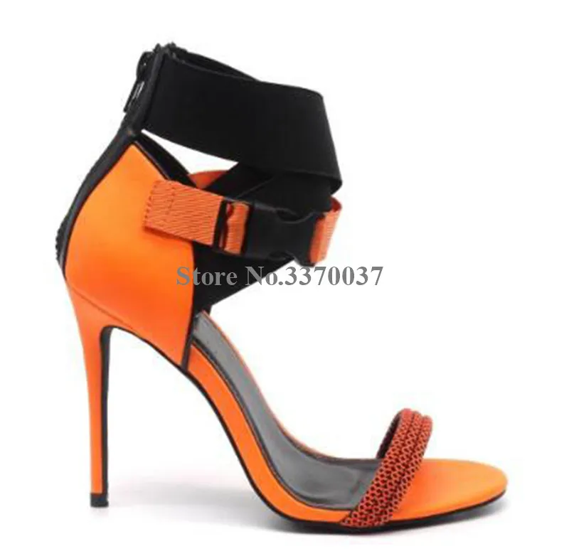 

Hottest Women New Fashion Open Toe Patchwork Stiletto Heel Gladiator Sandals Ankle Wrap Buckles Neon Yellow High Heels Sandals