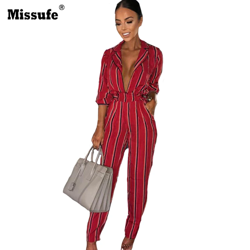 Missufe Notched Striped Women Jumpsuits With Blelt Lace Up Overalls Female Rompers Slim Playsuit Long Sleeve Bodysuits For | Женская
