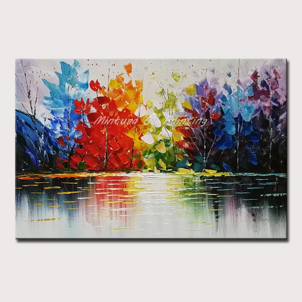

Mintura Handpainted Oil Paintings On Canva Lake View and Woods Abstract Painting Wall Picture for Living Room Wall Art No Framed